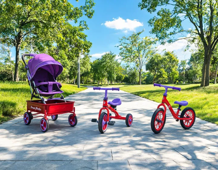 Radio Flyer stroller wagon and tricycle on a sunny family path