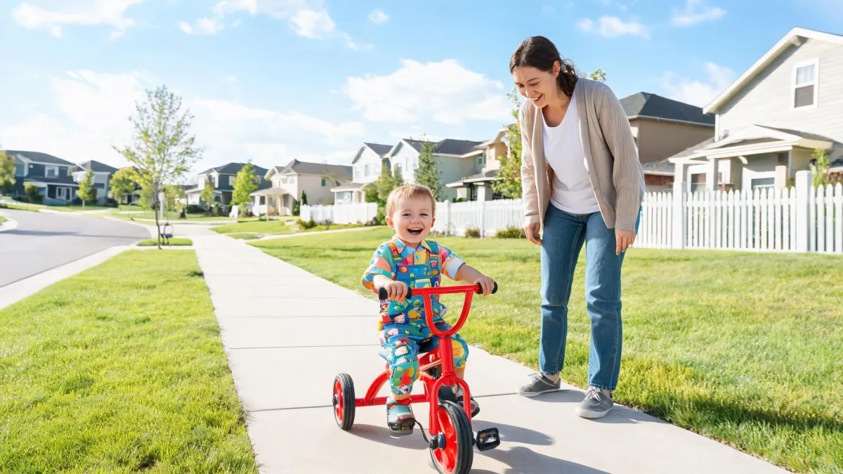 Toddler riding a red tricycle