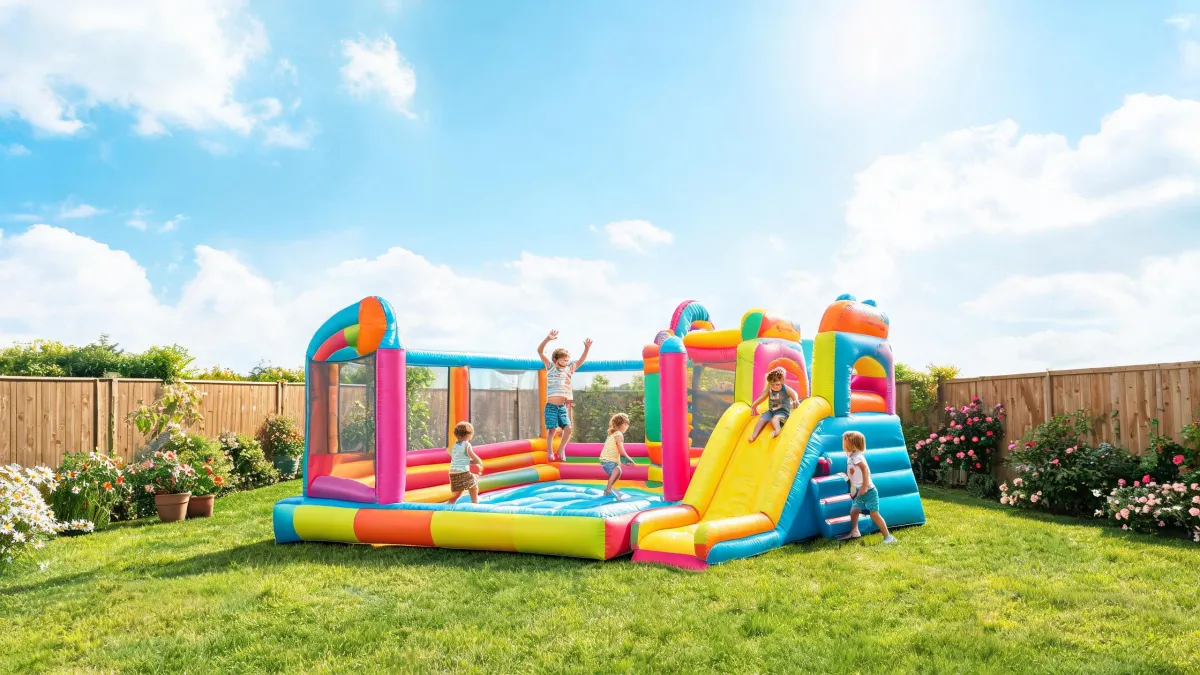 Backyard inflatable play course with children jumping