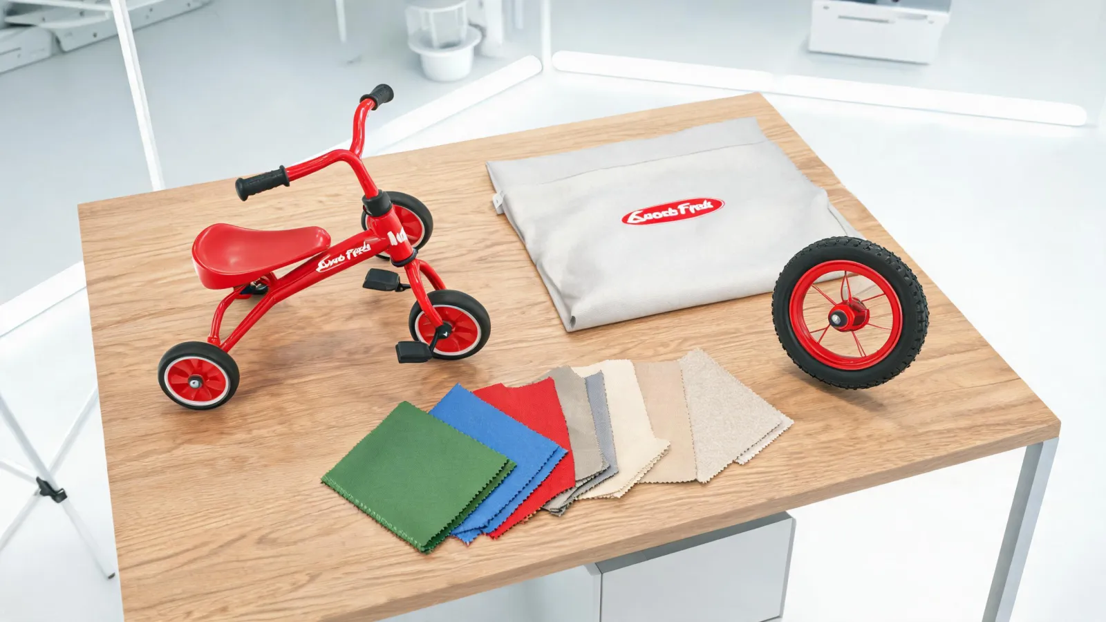 Radio Flyer product planning table with ride-on and wagon samples